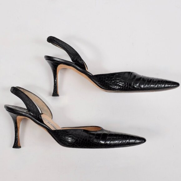 Manolo Blahnik Carolyne crocodile alligator shoes 38 US 8 black slingback - Picture 4 of 8